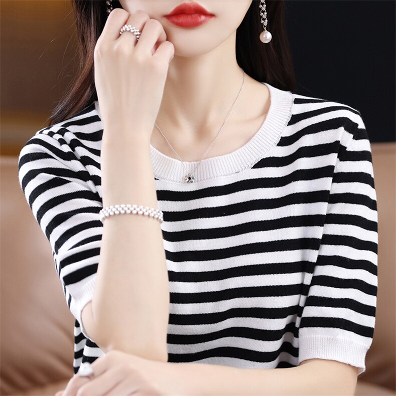夏季新款条纹圆领短袖宽松韩版100%纯棉女上衣套头T恤打底针织衫，女装T恤，秋双羊绒