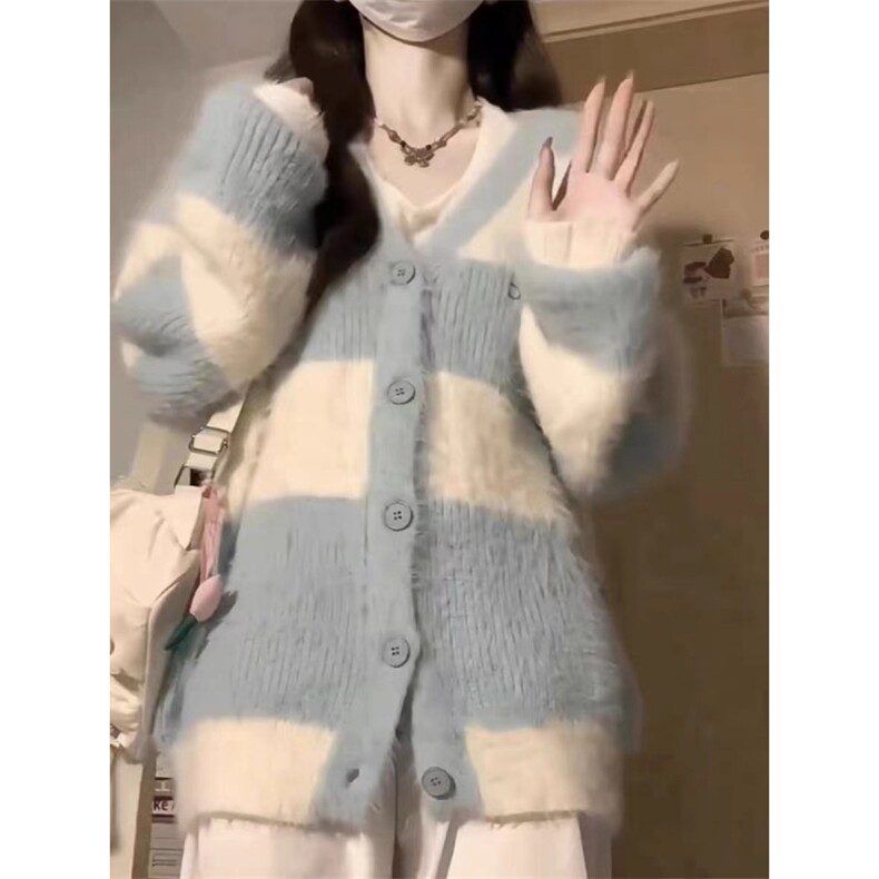 MM134-P68盐系少女软糯v领条纹撞色毛衣外套秋冬慵懒风百搭针织,针织衫/毛衣,星座617A-2