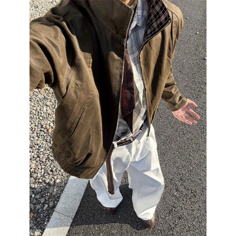 vintage美式覆古深棕色外套男款春秋美拉德穿搭格纹拼接翻领夹克,男装夹克,星座506A