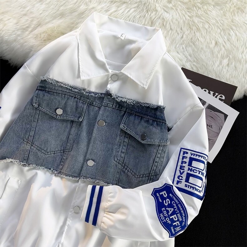 欧美高街hiphop拼接牛仔外套宽松ins港风刺绣夹克棒球服J160-p60图片