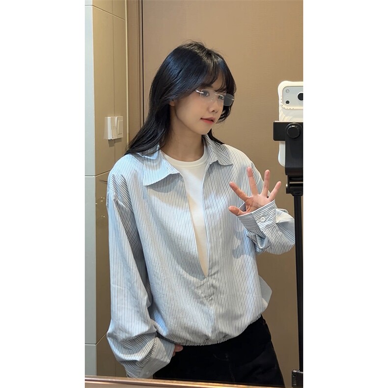 翻领拼接宽松衬衫美式复古假两件条纹衬衫HY921TP48控88图片