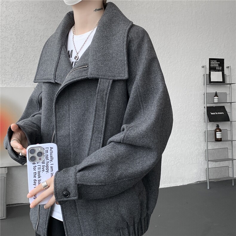 高领短款毛呢外套美式设计感呢大衣大码秋冬呢子夹克上衣LF701P98,男装夹克,电商B215
