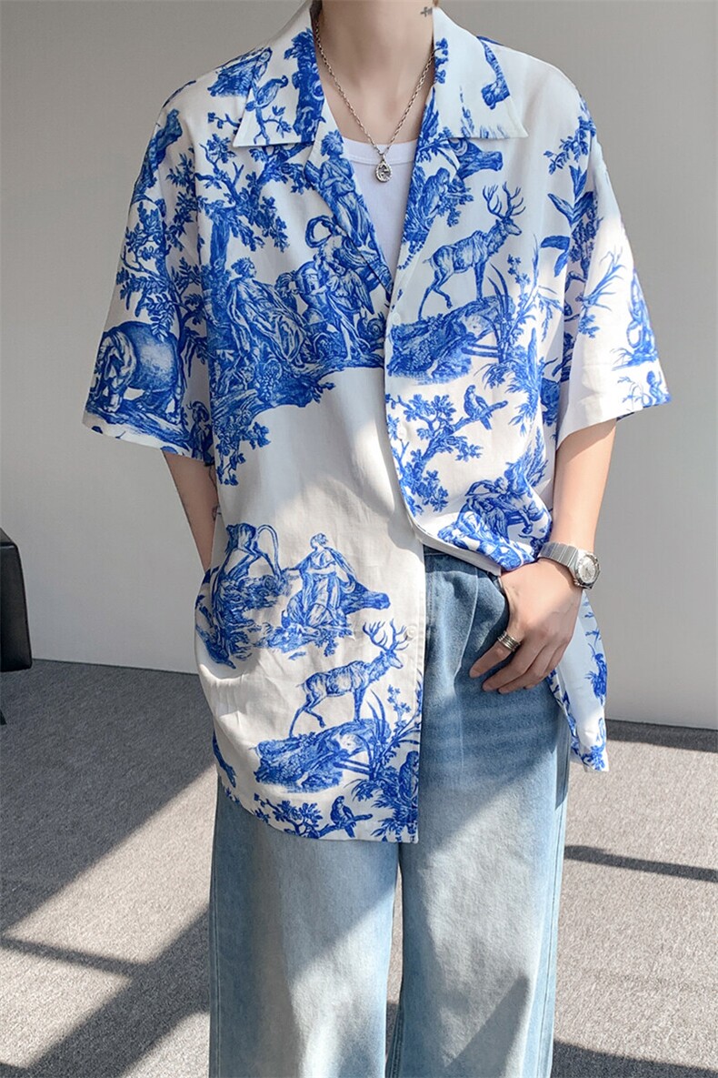8XL-M天丝亚麻清爽晕染古巴领短袖衬衫男半截袖冰丝衬衣CS525P58,男装衬衫,电商D206-1