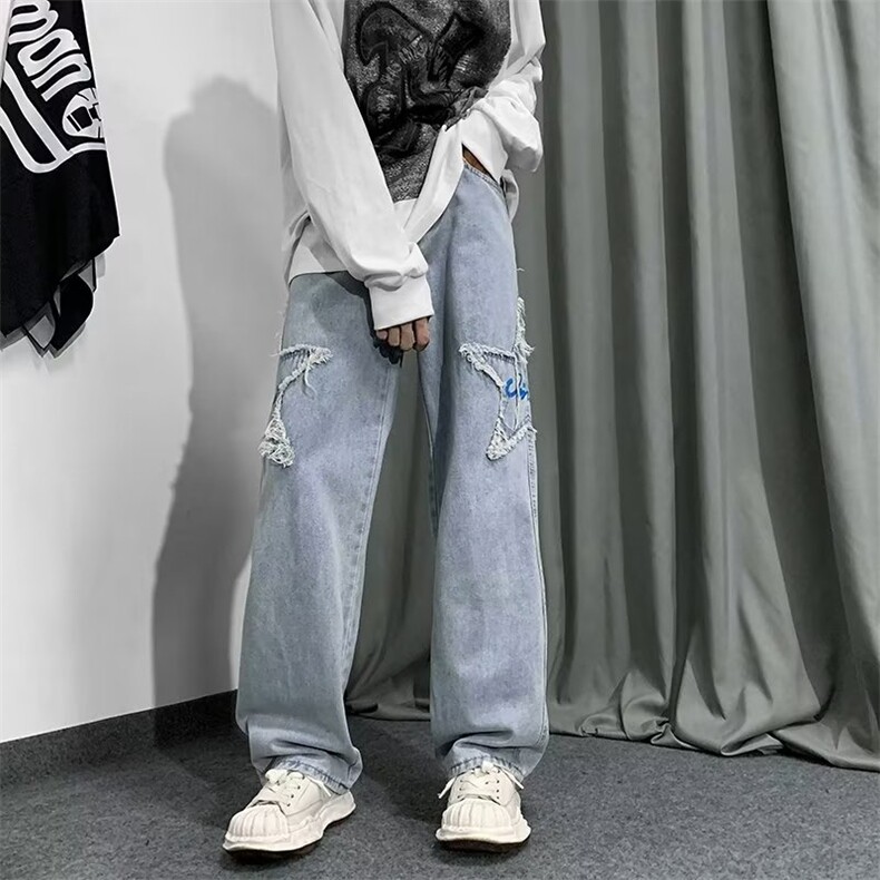 美式宽松牛仔裤男hiphop潮牌高街五角星长裤休闲裤子秋季N9613-P4,男装牛仔裤,星座1008