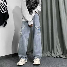 美式宽松牛仔裤男hiphop潮牌高街五角星长裤休闲裤子秋季N9613-P4，男装牛仔裤，星座1008