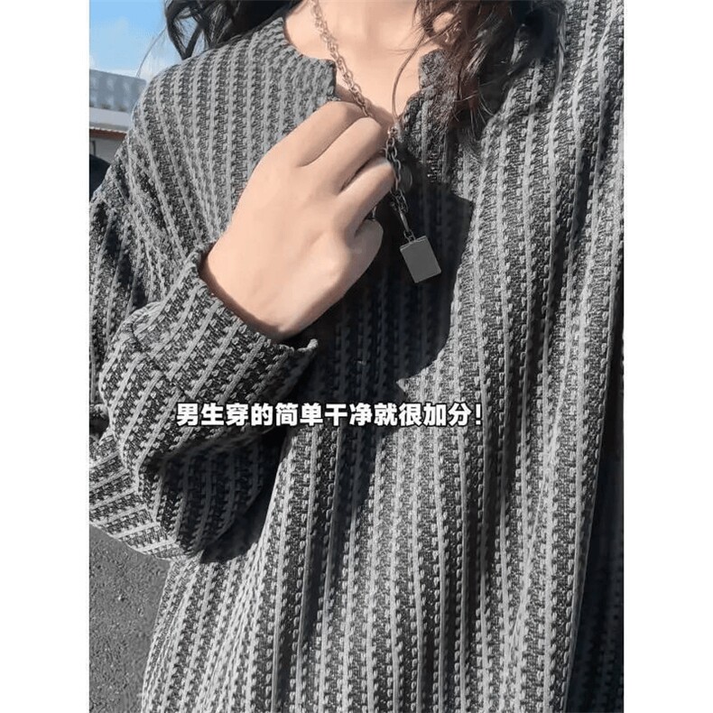 美式高街千鸟格子长袖T恤男女亨利V领英伦雅痞休闲宽松长袖打底衫,男装T恤,电商A486