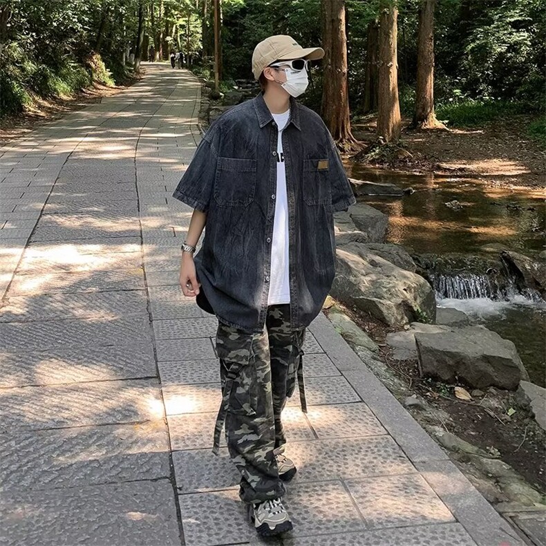 美式复古牛仔短袖衬衫男夏季潮牌高街休闲百搭P43,男装衬衫,星座1116-2