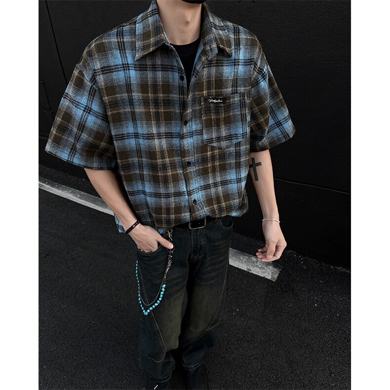 8XL-M 美式格子短袖衬衫男上衣复古宽松格纹五分袖衬衣CS524P48图片