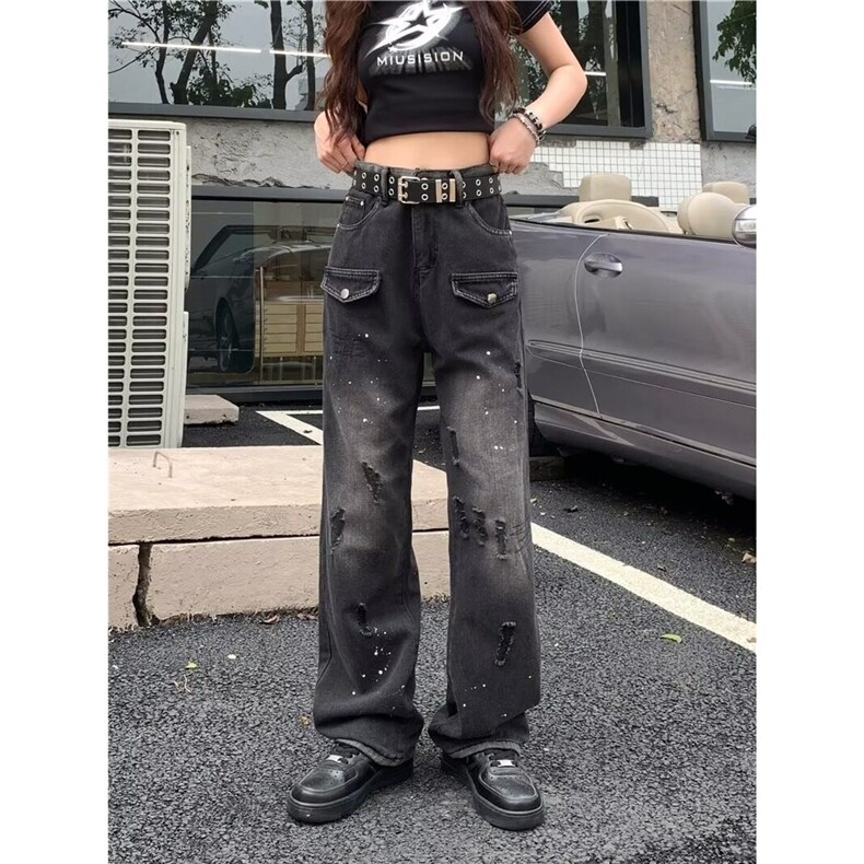 美式高街vibe牛仔工装裤女bf慵懒风春秋情侣款黑色伐木裤直筒裤,女装牛仔裤,星座506A