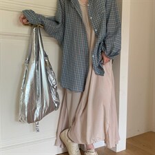 气质蓝色格纹中长款衬衫女装2026新款春夏设计感chic休闲宽松外套，男装衬衫，星座506A