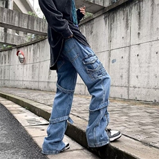 机能工装绑带牛仔裤男士韩版炸街直筒宽松裤脚微喇叭长裤A122/P58，男装牛仔裤，星座506
