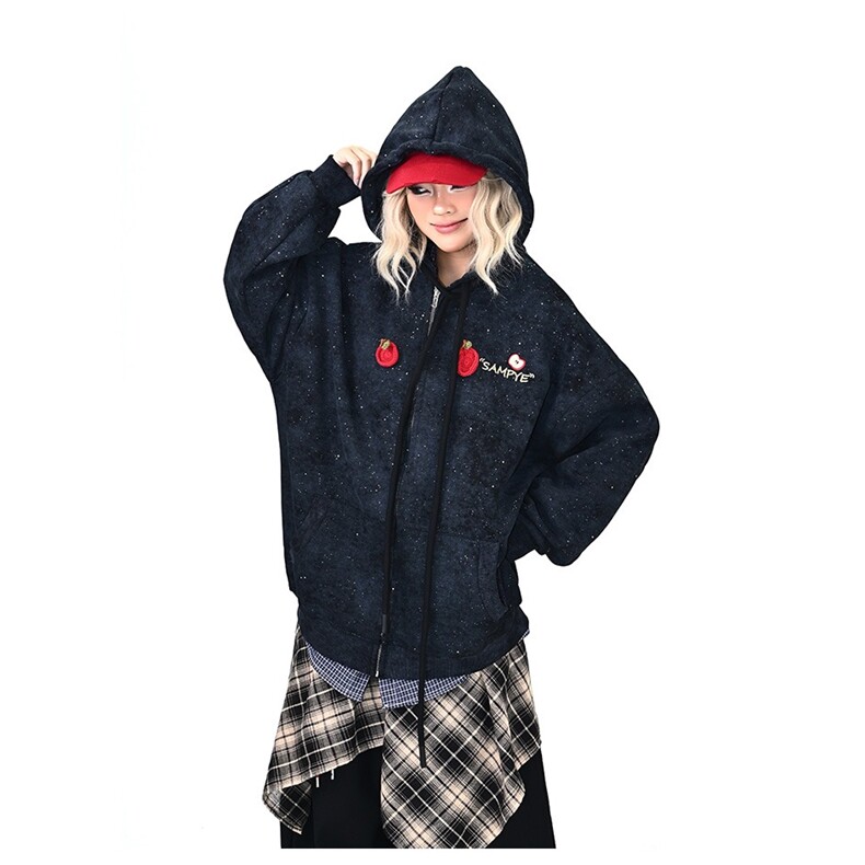 冬新款苹果刺绣连帽卫衣女宽松趣味设计感亮片开衫外套WY8334P79,女装短外套,星座1013-5