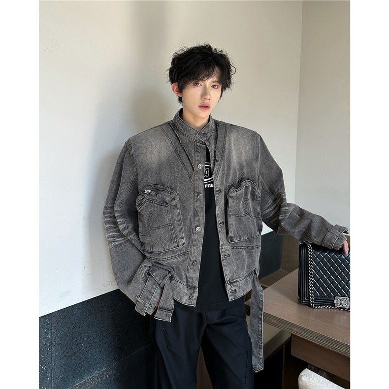 秋冬美式复古牛仔外套男女宽松百搭做旧立领夹克JK898-P83图片