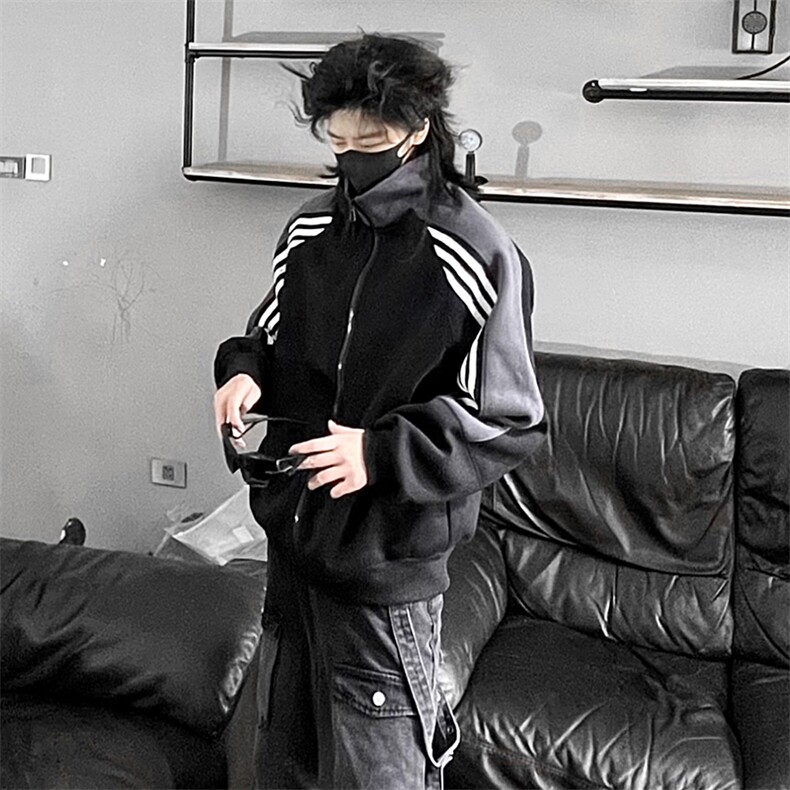 抖音得物高品质26春装美式高街重磅织带拼接撞色立领卫衣外套CM41,女装短外套,电商A486-1