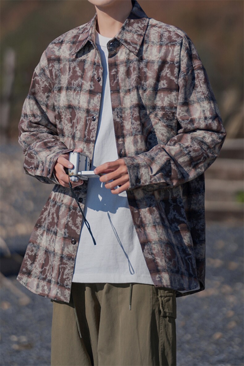 美式新款复古晕染咖色格子长袖衬衫休闲格子上衣DX803P55控89,男装衬衫,电商B413-1