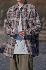 美式新款复古晕染咖色格子长袖衬衫休闲格子上衣DX803P55控89，男装衬衫，电商B413-1