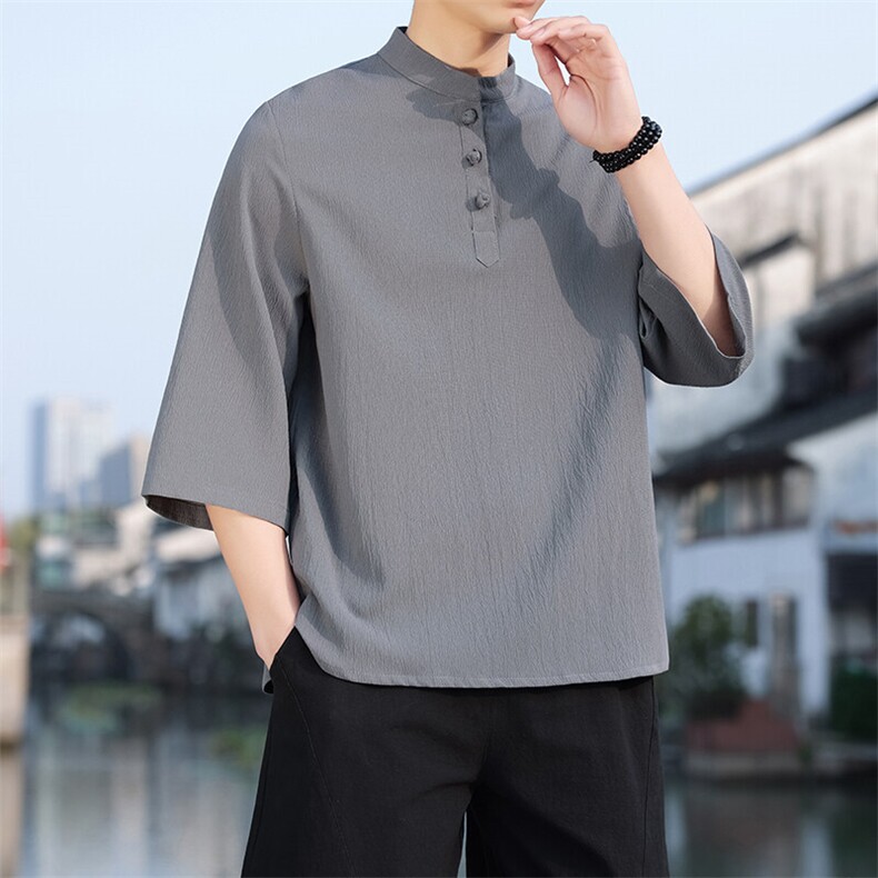 2025新款夏季风纯色立领上衣盘扣休闲T恤宽松潮流男T2505-P45,男装T恤,电商A008