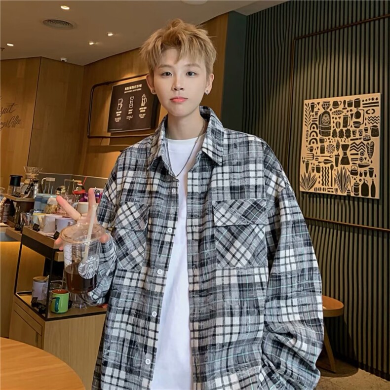 春秋季新款美式格子长袖衬衫男士潮流情侣防晒宽松痞帅衬衣外套，男装防晒衣，星座1210-1