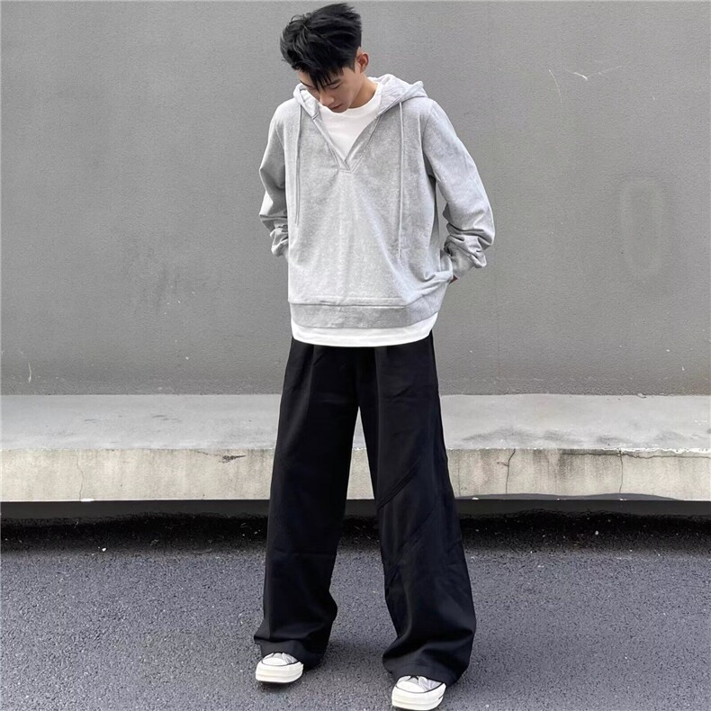 休闲复古高级感假两件连帽卫衣男慵懒宽松纯色情侣帽衫外套图片