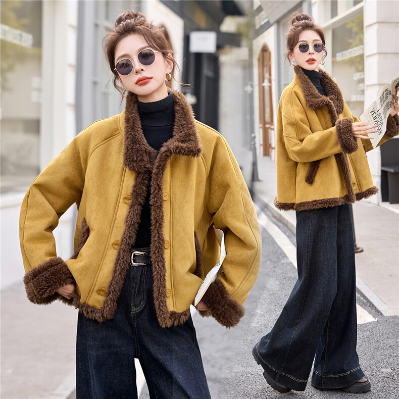 2025年冬季休闲风皮毛一体麂皮绒羊羔毛短装新款，女装羊羔毛/颗粒绒，依如秀(原杭风阁)