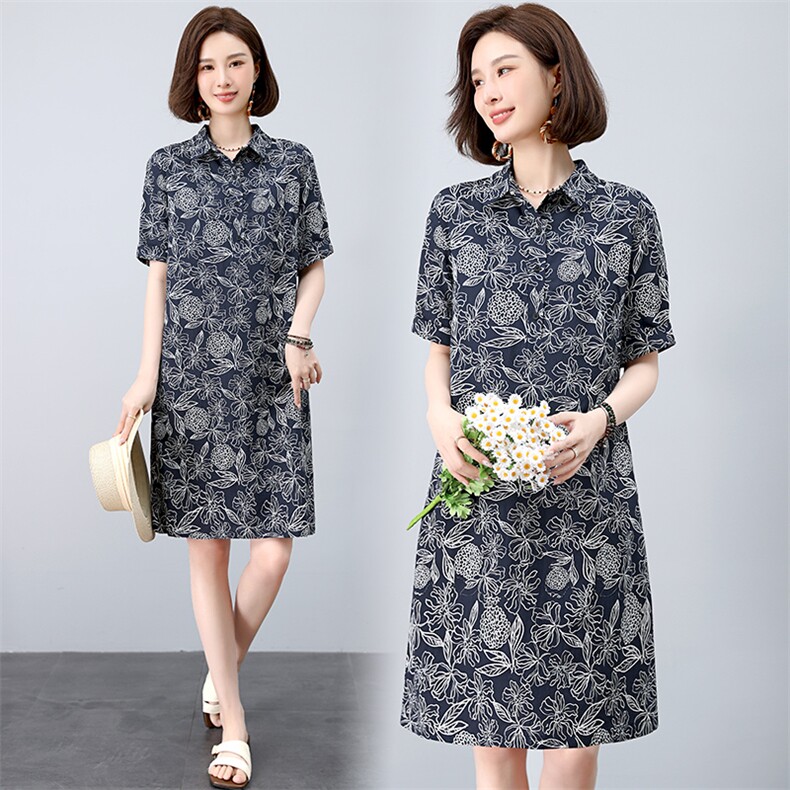 复古印花连衣裙女夏2025新款中年妈妈宽松大码休闲遮肚子显瘦裙子，女装连衣裙，阿丹