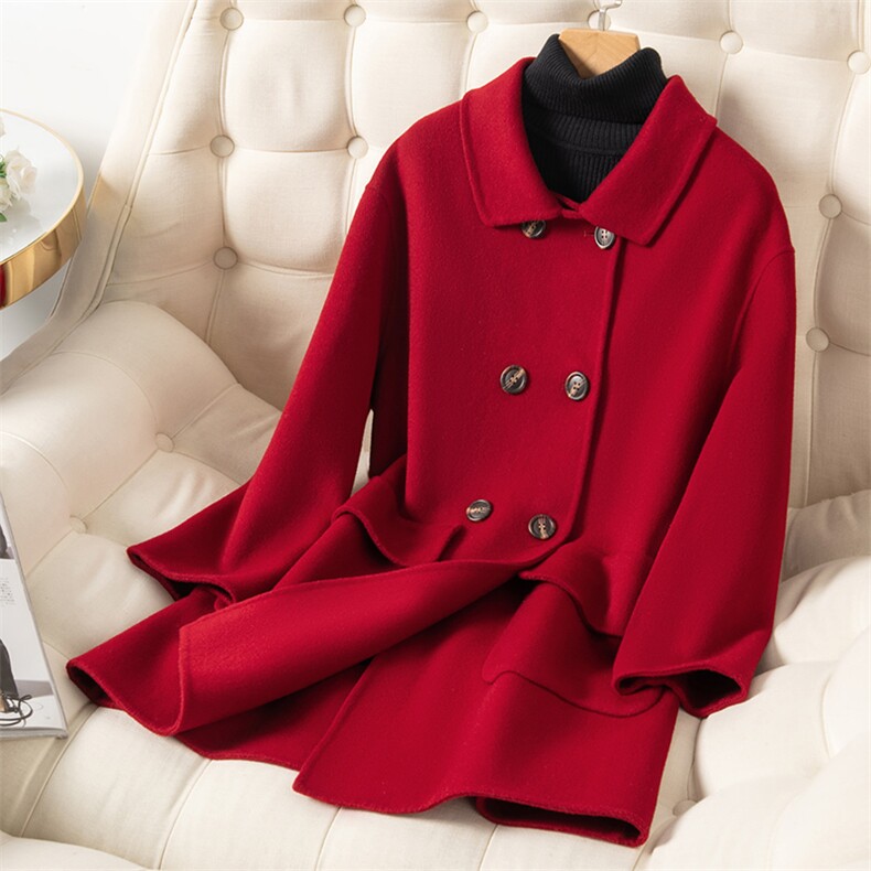 秋冬新款绵羊毛双面呢大衣中长款时尚娃娃领羊毛外套,女装双面呢大衣,温鑫双面呢