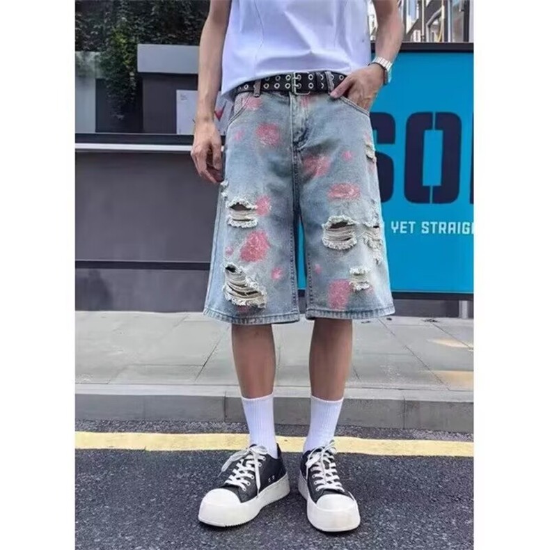 潮标蒂花卉破洞牛仔短裤男女夏季潮流气质ins新款无品牌慵懒文艺,男装牛仔裤,星座506A