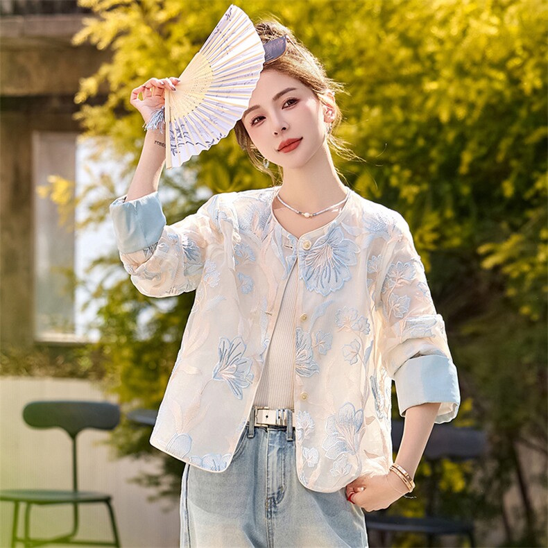 国风刺绣薄款防晒衣外套女2025春夏新款减龄休闲百搭圆领开衫上衣,女装短外套,韩宇舍