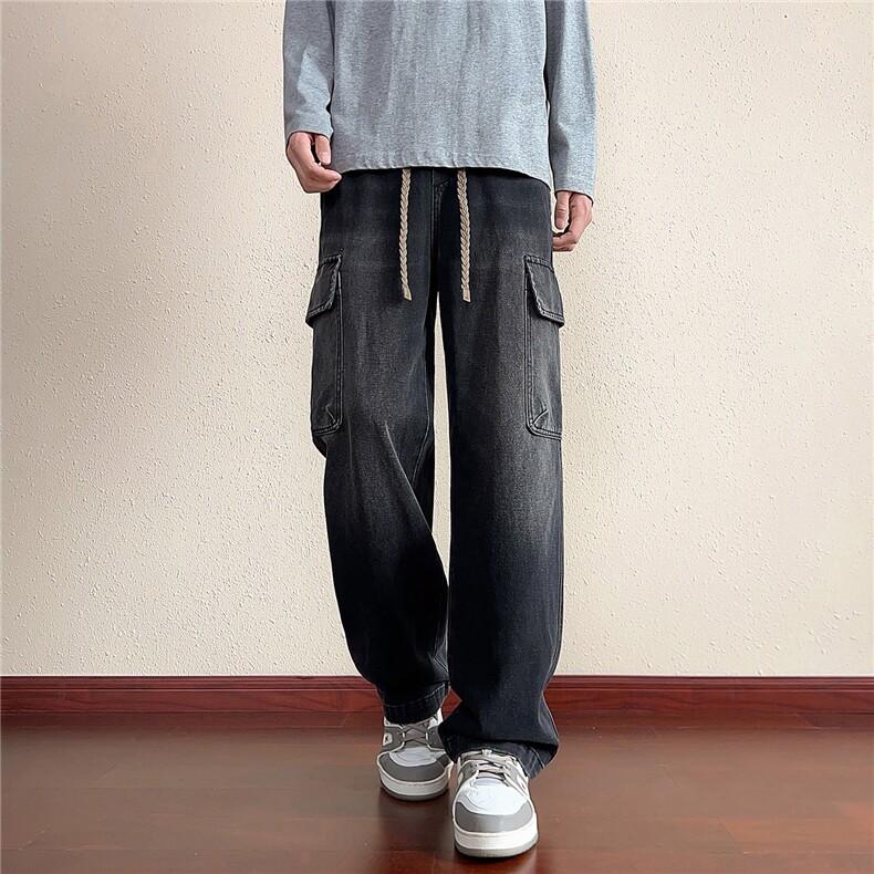 美式工装牛仔裤男2026抽绳百搭宽松直筒弹力休闲长裤子J8102-P50,男装牛仔裤,星座509