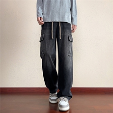 美式工装牛仔裤男2026抽绳百搭宽松直筒弹力休闲长裤子J8102-P50，男装牛仔裤，星座509