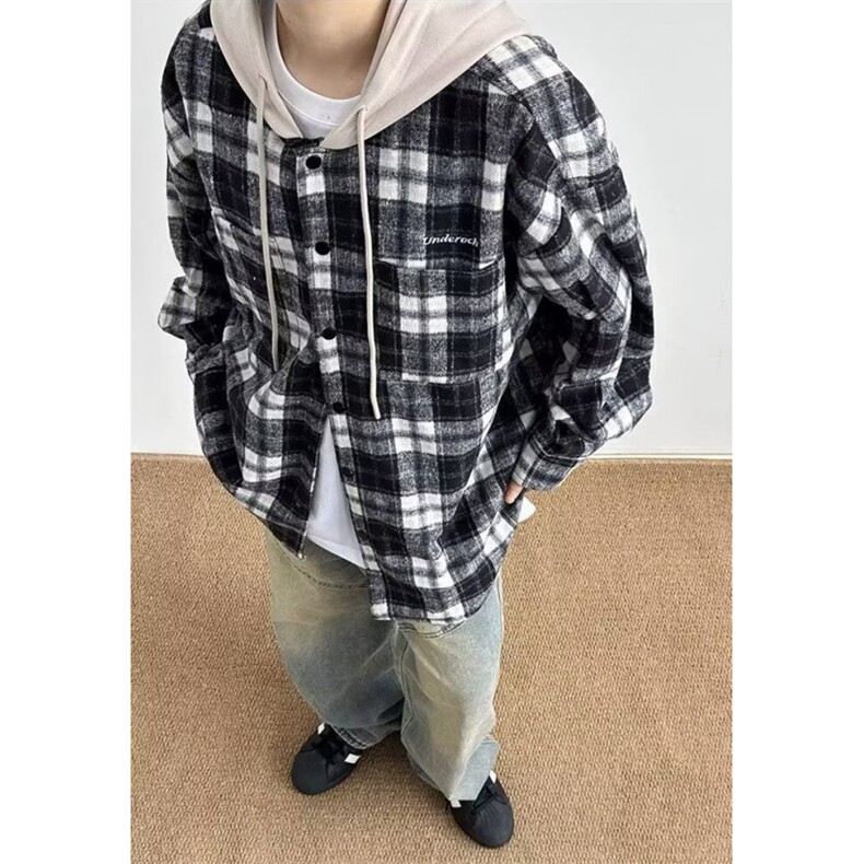 日系假两件格子连帽衬衫男秋宽松情侣休闲慵懒衬衣外套CL29,男装衬衫,星座1116A（原606A-3）