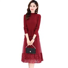 2022冬季新款时尚舒适A字蕾丝边裙摆两件套毛衣连衣裙，女装连衣裙，魅丽静蓝