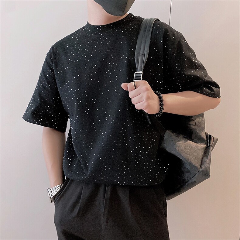 8960/P68控98夏季社会小伙爆闪满天星烫砖工艺短袖T恤男黑首2,男装T恤,星座305B