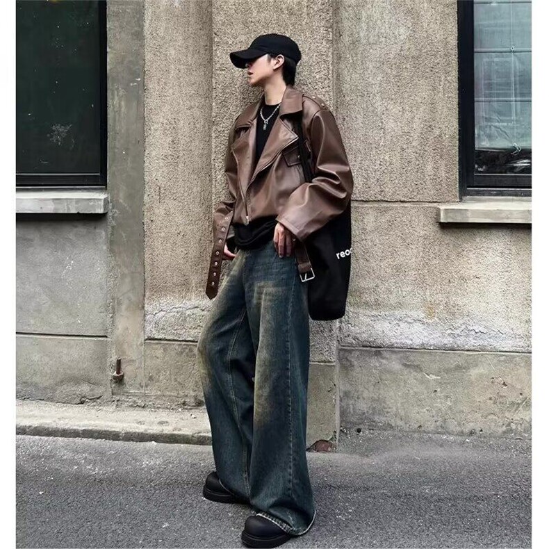 棕色短款皮衣外套男款美拉德穿搭高级感美式复古cleanfit机车夹克,男装夹克,星座1008