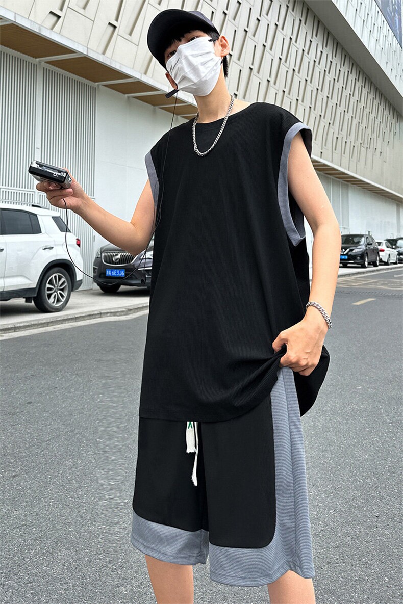 夏季现货主推大码港风情侣无袖背心五分裤冰丝日系套装S03P48,男装牛仔裤,电商B226-2（原B217-2）