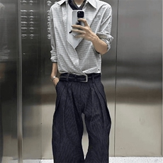 美式潮牌高街复古细格子日系肌理感长袖衬衫外套男女休闲宽松衬衣，男装衬衫，电商A486