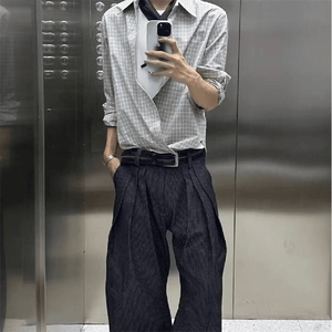 美式潮牌高街复古细格子日系肌理感长袖衬衫外套男女休闲宽松衬衣图片