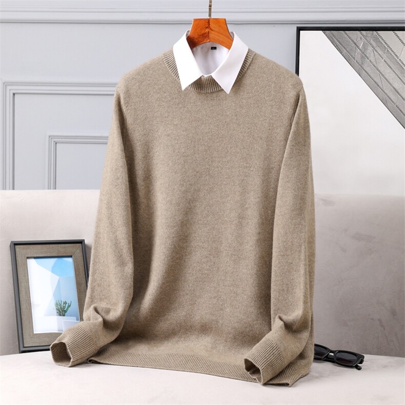羊绒圆领时尚气质纯色简约长袖套头针织衫，男装羊绒套衫，旭日羊绒