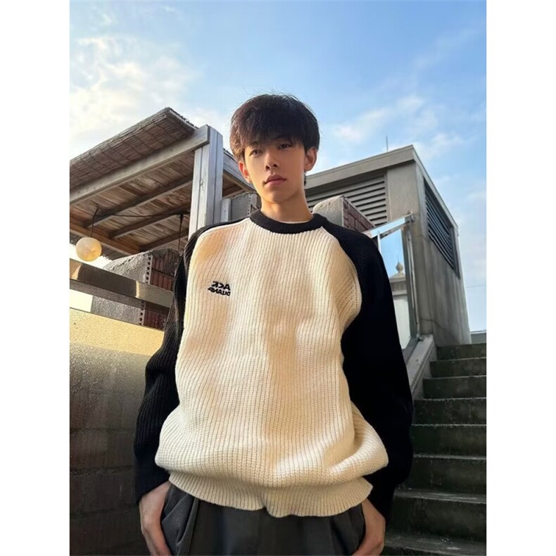 潮流日系原宿慵懒新款精致感小立领彩色条纹休闲宽松长袖T恤上衣,男装T恤,星座506A