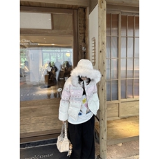 1506A/G78180/P89美式复古雪花兔子印花毛领连帽棉服外套女秋冬，男装棉衣，星座1506A