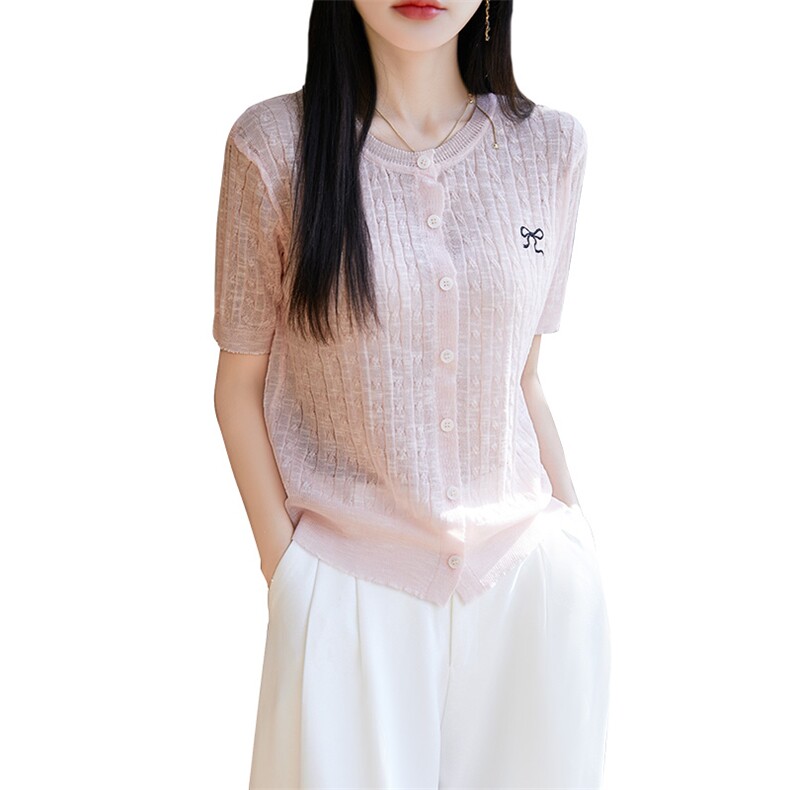 25夏季圆领竹节麻针织短袖开衫女薄款蝴蝶结刺绣上衣宽松半袖T恤,女装T恤,绒汀羊绒