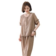 现货2025夏季新款时尚气质天丝提花套装两件套，女装套装/套裙，深水步