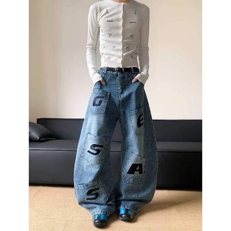 美式覆古字母刺绣多口袋牛仔裤男潮牌水洗蓝宽松阔腿裤子女,女装休闲裤,星座218-8