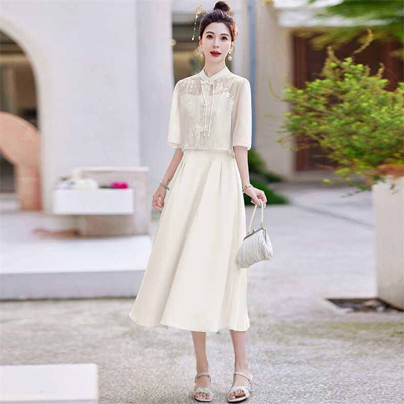 新中式国风吊带裙套装女2024夏季新款时尚高级感茶服连衣裙两件套,女装套装/套裙,芷墨服饰