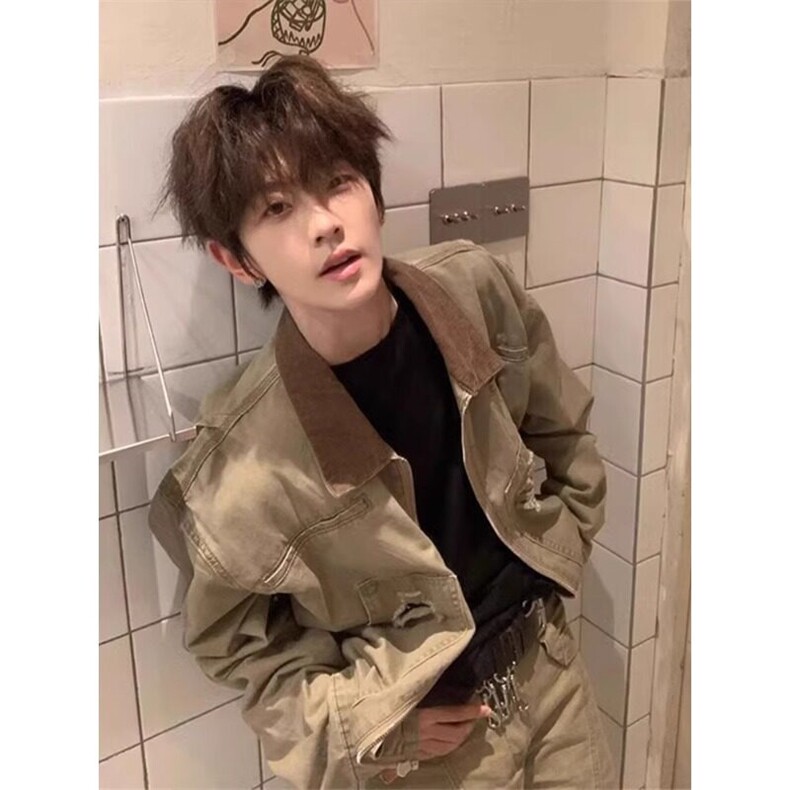 卡其色短款工装外套美式复古水洗翻领底特律夹克JK7013特P76,男装夹克,星座908-1