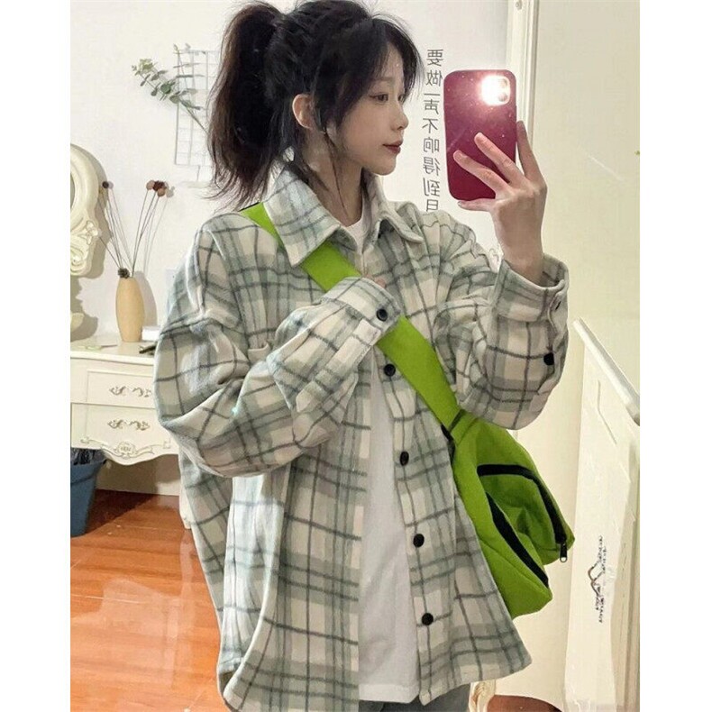 甜美风绿色格子春秋衬衫新款复古设计感百搭小众衬衣上衣潮CYC93,男装衬衫,星座1116A（原606A-3）