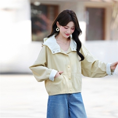 拼接撞色短款风衣女2026年秋季长袖连帽风衣女外套，女装短外套，鑫源服饰