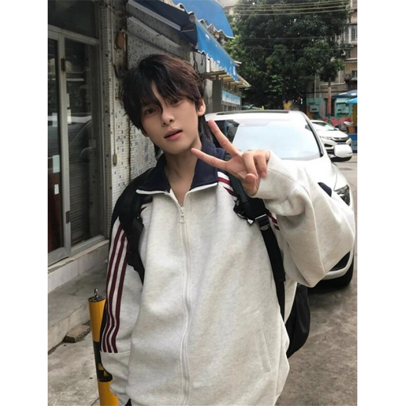 秋季新款拼接撞色三条杠开衫卫衣男女宽松运动休闲外套W103,女装短外套,星座1116A（原606A-3）