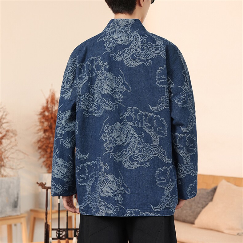 春夏新中式牛仔道袍龙纹唐装日系种风外套汉服开衫H335/P110,男装民族服装,钱塘713