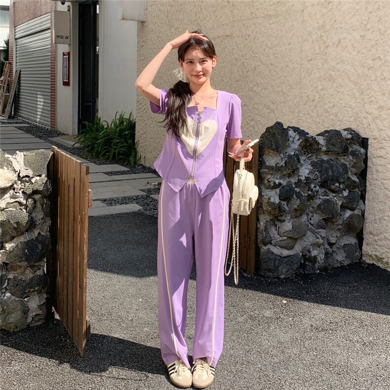 紫色短袖上衣半身裙套装女夏季2025新款时尚洋气休闲显瘦减龄穿搭,女装套装/套裙,含赞